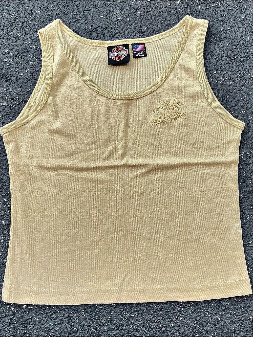 Vintage Women’s Yellow Harley-Davidson tank top embroidered script logo Size M